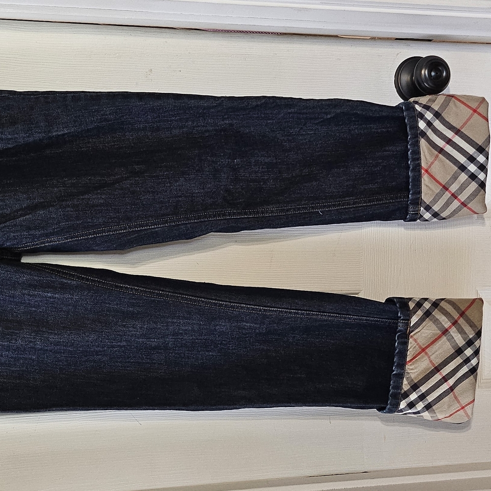 Burberry Dark Blue Cropped Jeans with Plaid Cuffs